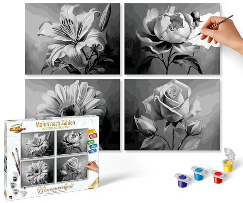 Schipper 609340919 Peinture par numéros - Variété de fleurs - Images de peinture pour adultes - Avec pinceaux et peintures acryliques - Quattro 18 x 24 cm
