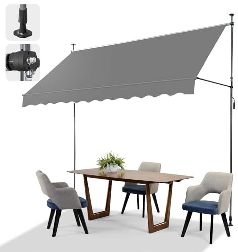 LEADZM Klemmmarkise 300 cm Breit,Balkon Markise ohne Bohren,Wasserdicht,Sonnenschutz,UV-beständig,Höhenverstellbar mit Handkurbel,für Terrasse,Balkon,Garten,Laden,Grau