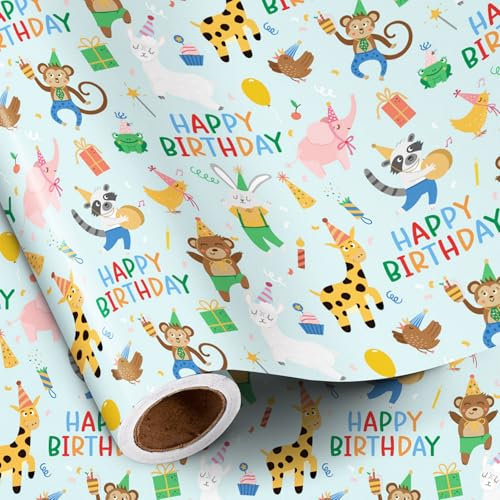 RUSPEPA Geburtstags-Geschenkpapier, Mini-Rolle, Dschungeltier-Party-Thema mit Giraffe, Affe, Hase und „Happy Birthday“-Schriftzug, Geschenkpapier für Jungen und Mädchen, 43,2 cm x 5 m