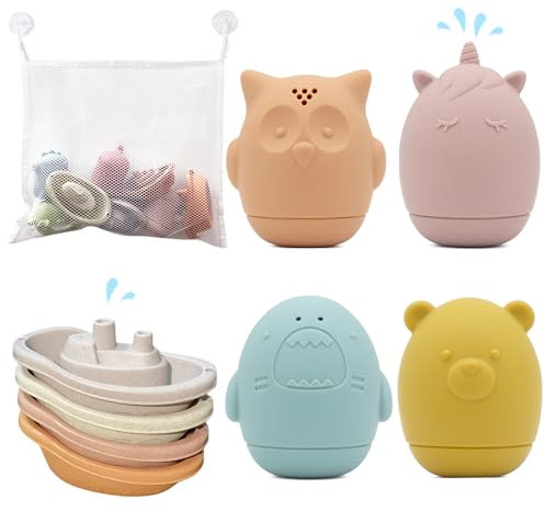 LYNSAN Badewannenspielzeug, 8 Stück Badespielzeug Baby mit Aufbewahrungstasche, Badewanne Spielzeug Boot, Wasserspielzeug Geschenke für Babys Kleinkinder Jungen Mädchen, Animal