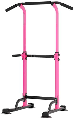 sogesfurniture Power Tower Fitness Dip Station, multifunktionale Kraftstation Kraftturm Trainingsgerät mit Klimmzugstange (Schwarz&Rosa)