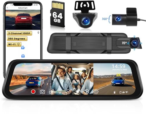 Inefala 9.66 2K Spiegel Dashcam mit Rückfahrkamera, WiFi Auto Kamera mit IPS-Touchscreen 3 Dash Cam Spiegel, Loop-Aufnahme und G-Sensor, Parküberwachung, kostenlose 64 GB-Karte