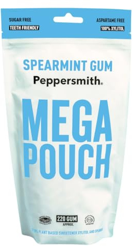 Peppersmith Spearmint Chewing Gum - Mega Pouch - 220 Gum Pieces - 330g | Sugar Free 100% Plant Based Xylitol, Fresh Breath, Benefits Oral Health, Reduce Plaque, Kills Bacteria, Aspartame Free