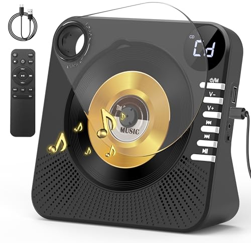 Greadio Portable CD Player with Bluetooth 5.1, CD Players for Home, CD Music Player with Speakers, Remote Control, Dust Cover, LCD Display, HiFi Sound, AUX/USB Playback, Earphone Jack (Black)