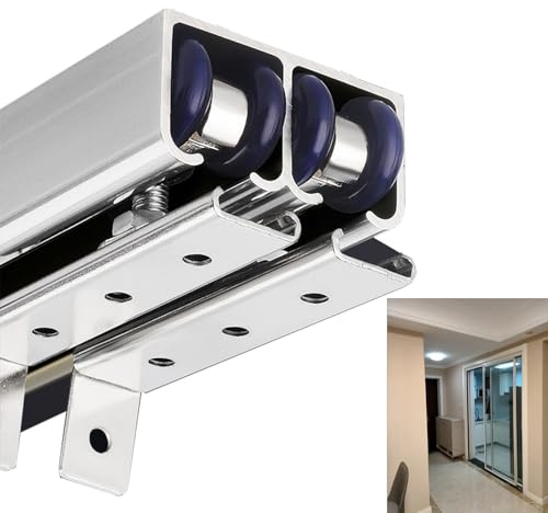 UrbanUp Schiebetür Komplettset Doppelte Schranktürführung, Gleitschiene, Obermontage, Beschläge, Schranktür-Bypass-Schiene und Radsatz, Schiebetür-Schienensatz, Robust(Silver,85in/216cm)