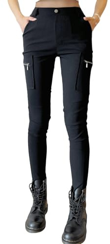 Nuofengkudu Noir Skinny Pantalon Cargo Femme Zippés Poches Elastique Taille Haute Stretch Coupe Slim Pull on Travail Combat Pantalones Legging Pratique Pants Jambe Fine Sportif Gothique 2XL