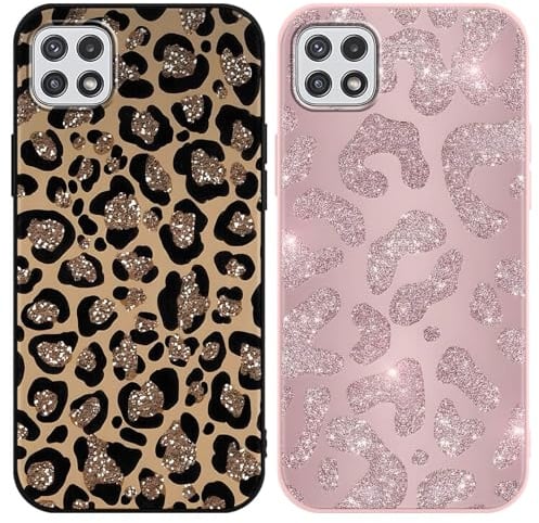 Yirlbey 2 Pièces Coque pour Samsung Galaxy A22 5G 6,6, Étui Souple TPU Aesthetic Motif Paillette Dessin Durable Fine Silicone Housse de Antichoc Anti-Rayures Protection Cover pour Fille, Léopard