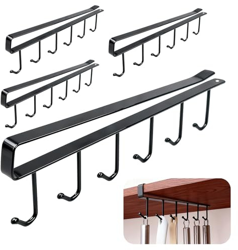 AMJKEJI 4 Pcs Mug Holder Under Cabinet Cup Rack Organizer Under Shelf Hanger No Drilling Cupboard Storage Hooks for Kitchen Restaurant Bar Tea Cup Coffee Mug Rack (Black)