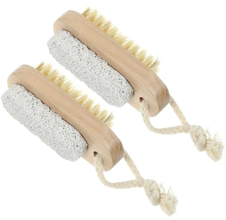 LIFKOME 2 Stück Doppelseitiger Bimsstein Fußbürste mit Holzgriff und Borsten Sanftes Peeling und Einfache Handhabung für Effektive Hautreinigung und Fußpflege