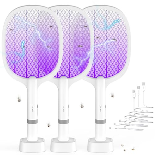 Elektrische Fliegenklatsche 5000V,Extra Stark Fliegenklatsche Elektrisch,2000mAh,USB C mit Akku Aufladbar Elektro Mückenklatsche mit UV Lichtfalle für Mücken, Fliegen, Wespe, Motten (3er Set)