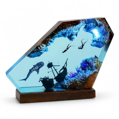 Drawelry 3D Ozean Epoxidharz Nachtlicht Meere Figuren Statue Ornamente mit Holzsockel Harz Marine Tier Hai Wale Oktopus Taucher Kunsthandwerk Skulptur Tischlampe Mini Aquarium Dekoration (B13, S)