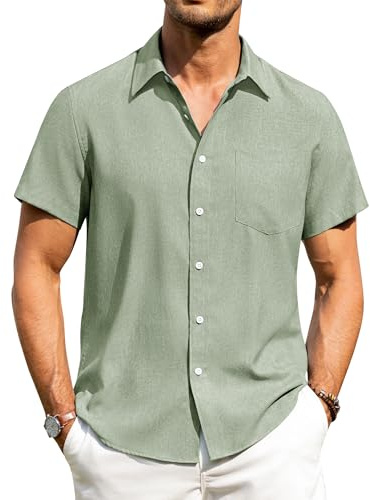 Alimens & Gentle Mens Linen Shirts Short Sleeve Regular Fit Casual Summer Holiday Button Down Shirt with Pocket S-4XL