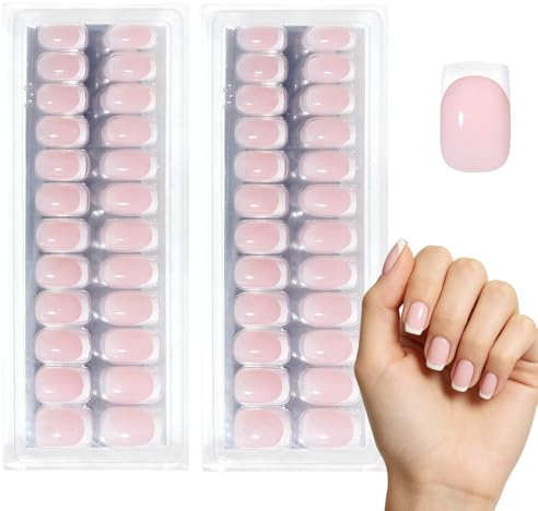 False Nails Kit, Short Square Fake Nails, French Light Pink Coffin Press on Nail, 16 Sizes Glossy Full Cover Acrylic Fake Nail Tips for Women Daily Wear (Light Pink)