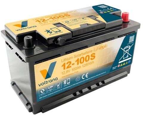 Lithium Solarbatterie 12,8V 100Ah 1280Wh AP mit Bluetooth & Heizung – Voltrana LiFePO4 Versorgungsbatterie