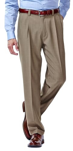Haggar Men's E-Clo Repreve Classic Fit Pleat Front Dress Pant with Hidden Expandable Waistband Khaki 44W x 30L