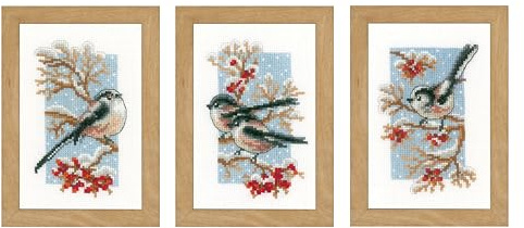 Vervaco Counted Cross Stitch Kit: Long-Tailed Tits & Red Berries: Set of 3, Cotton, NA, 8 x 12cm, N
