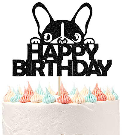 Ferastar Happy Birthday Dog Cake Topper, Dog Birthday Theme Picks for Pet Party Decorations Supplies Black Glitter.