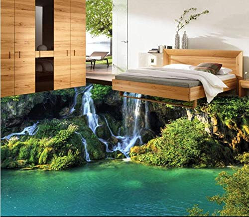 3D-PVC-Bodenbelag benutzerdefinierte wasserdichte romantische grüne Gebirgsbach Wasserfall 3 d Badezimmer Bodenbelag Foto 3d Wandbilder Tapete-150 * 105cm