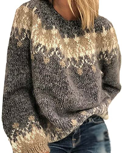 BeerMmay Damen Herbst Winter Rundhals Casual Lose Mohair Grobstrick Jacquard Damen Pullover, grau, XL