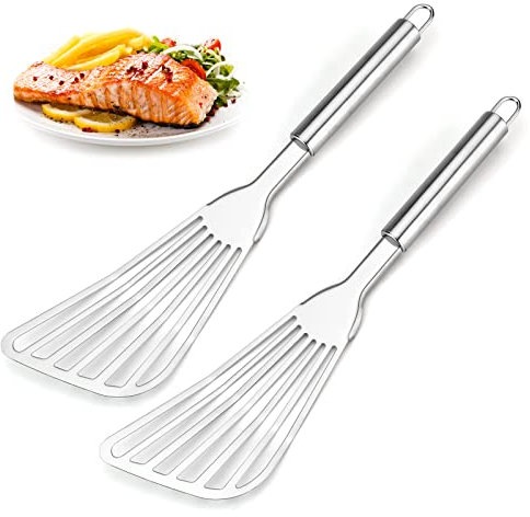 2 Stück Cualork Fisch Spatel, Upgrade 304 Edelstahl Metall Spatel, Premium Big Size Schlitzspatel, Professioneller Designer Fischwender zum Kochen, Flippen, Drehen, Braten und Grillen