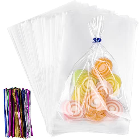 100 Stück Geschenktüten aus Zellophan, 10,2 x 15,2 cm, durchsichtige Geschenktüten mit Bändern, für Hochzeitsgeschenke, Kekse, Süßigkeiten