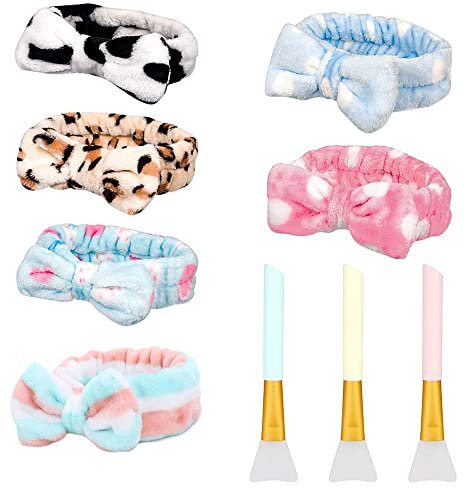 6 Stück Bowknot Haarband， Spa-Stirnband, Gesicht Make-up Kopfband weich korallenrot aus Fleece Stirnband mit 3 Stück Silikon Maskenpinsel für Duschen und Gesicht waschen