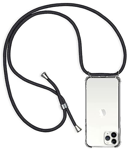 ZYIMOU Mobile Phone Chain for iPhone 11 Pro Max Case with Strap, Mobile Phone Case with Chain Protective Case Cord for Hanging Transparent Soft TPU Silicone Bumper Black
