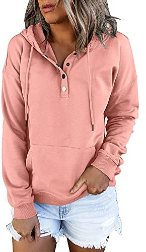 Hoodie Damen Pullover V-Ausschnitt Button Down Hoodies Kordelzug mit Kapuzen Tasche Lässige Langarm Sweatshirt Kapuzenpullover Casual Blusen Tops Teenager Mädchen Winter Herbst Hoodies (c-Pink, S)
