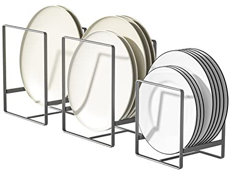 Hikinlichi 3 Plate Holder Organiser Upright Wall Cupboard Dish Drainer Metal Plate Dishes Organiser Racks Stand for Worktop and Cupboard Grey