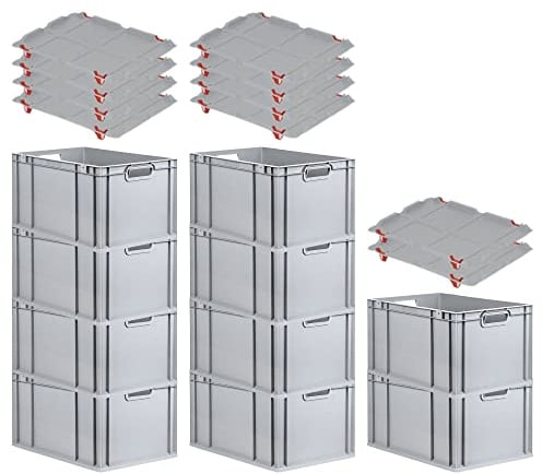 PROREGAL SparSet 10x Eurobox NextGen Grip mit Auflagedeckel & 4 roten Schiebeschnappverschlüssen, HxBxT 32x40x60cm, 65 L, Grau, Griffe offen, Eurobehälter, Transportbox