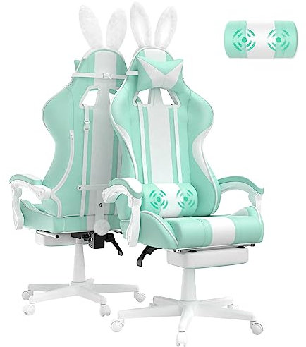 Ferghana Gaming Stuhl Ergonomisch Gaming Sessel mit Fußstütze Gaming Chair mit Kopfstütze und Lendenkissen PC Stuhl Racing Computerstuhl mit Hasenohren Mintgrün