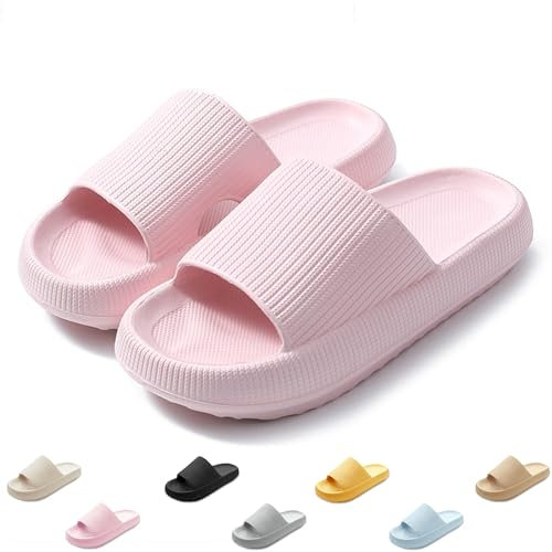 QJJQ Badeschuhe Herren Damen Cozislides Original Slippers Wolke Schlappen Super Weich Rutschfest Badelatschen Hausschuhe Sommer Pantoletten Badeschlappen Flip Flops,Rosa, 42-43 EU