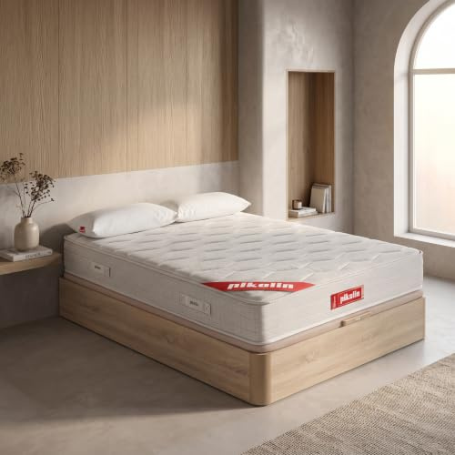 PIKOLIN Pack Colchón Viscoelástico Espuma HR + Canapé Base Abatible de Madera y Almohada de Visco | 150x190 | Natural | Montaje + Retirada Usado Incluido