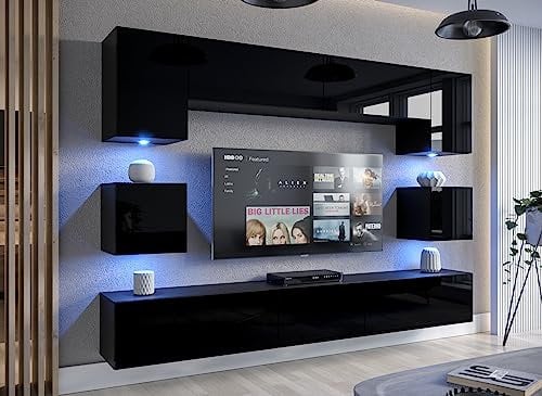 Furnitech Wohnwand Wohnzimmer | Hängend Wohnwand Modern | Wohnzimmer Schrankwand mit Regale und TV Schrank | Wohnzimmer Möbel ohne LED (Nowara AN1-17B-HG20 1B)