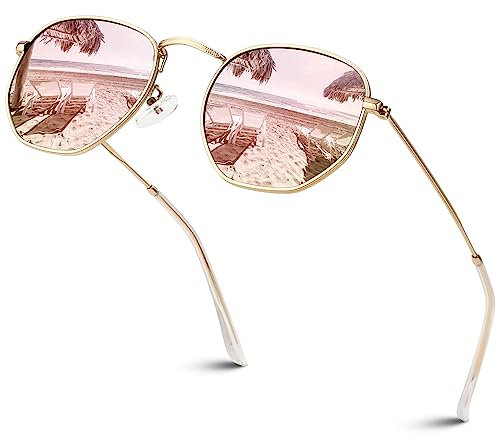 Sunier Sonnenbrille Damen Verspiegelt Polarisiert,Mode Apace Polygon Sonnenbrille Damen, Ultraleichter Sechseckige Metallrahmen 100% UV400 Schutz