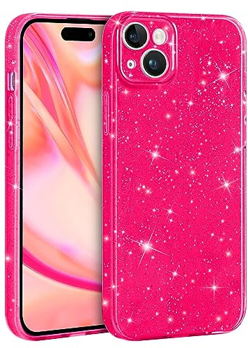 DiyGody Compatible for iPhone 15 Plus Glitter Case, Girly Cute Sparkle Bling Design for Women Girls Thin Shockproof Soft Silicone Protective Phone Cover for iPhone 15 Plus 6.7INCH (Hot Pink)