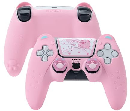 GeekShare Adorable Bear PS5-Controller-Skin-Set, mit 2 Daumengriffkappen und 1 Aufkleber, rutschfeste Silikon-Schutzhülle für PS5 Wireless Controller (Rosa)