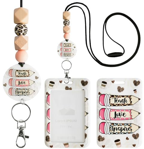 Lanière pour porte-badges d'identité – Joli cordon avec porte-badge pour enseignants, hommes et femmes, crayon, café, motif léopard, cœur, convient pour carte, clés, téléphone portable