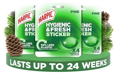 Harpic Hygienic Fresh Sticker Adhesive Toilet Block, Pine, Pack 3 x 4 Stickers, Toilet Freshener, No Plastic Applicator, Up to 24 weeks of Freshness