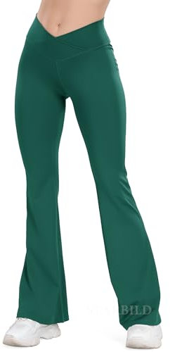 STARBILD Schlaghose Damen Sport Leggings Flared, High Waist Crossover Yogahose Blickdicht für Fitness Gym Alltag, Cross Waisted - Grün S