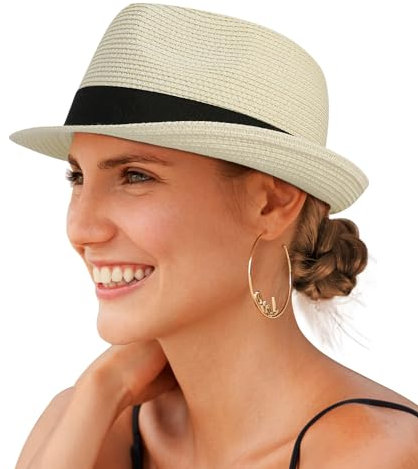 Creekstone Chapeau de Soleil Fedora en Paille pour Homme et Femme à Bord Court Panama Trilby Chapeau Été de Plage Pliable UPF 50+ (FR/ES, Alpha/Lettres, L, Ivoire)