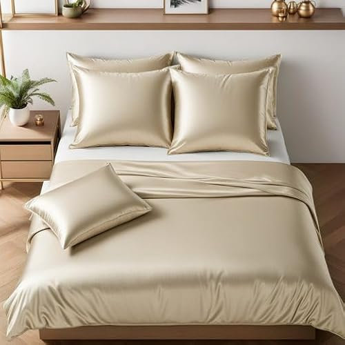 Cozyor Satin Bettwäsche 200x200 extra dick und weich mit robustem Reißverschluss 2X Kissenbezug 80x80 cm, edles Satin 3-teilig, beige Driftwood