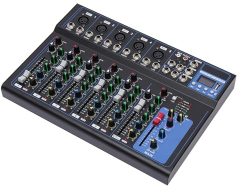 Mesa de mezclas portátil de 7 canales USB Bluetooth con amplificador, controlador de DJ con 6 modos de música, mezclador de audio con compatible con diferentes dispositivos para estudio de grabación y
