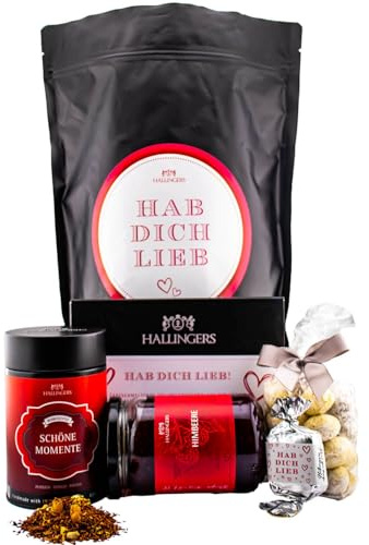 Hallingers Genuss Manufaktur Feinkost Valentinstagsgeschenk-Set - XXL-Wundertüte Hab Dich lieb großer Liebesgruß Konfitüre, Tee, Nougat-Busserl, Mandeln, Schoki & mehr, Valentintstag für Frauen