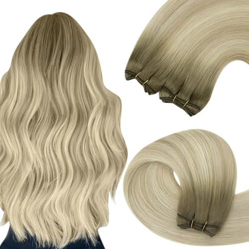 YoungSee Tressen Echthaar Blond 45cm Echthaar Tressen zum Einnahen Aschblond Ombre Blond Haartressen Extensions Weft Haarextension Doppelt-Tressen Weave Extensions fur Damen 100g #SUN