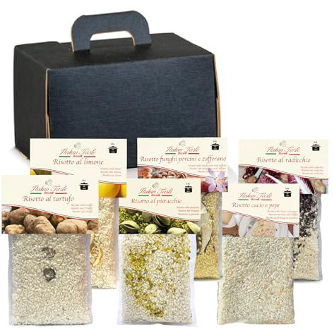 CONFEZIONE REGALO - kit 6 risotti - buste sottovuoto 300 g cad. - tartufo - funghi porcini e zafferano - limone - cacio e pepe - pistacchio - radicchio