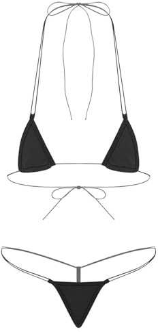 TiaoBug Femme Micro Bikini Sexy 2 Pièces Ensembles Tanga Bikini Laçage Bikini Bresilien Set Bra Top Triangle et Thong Ficelle Monokini Mankini Sexy Erotique Beachwear Noir Taille Unique