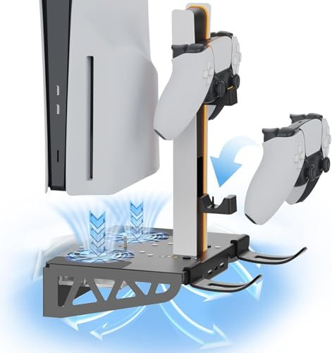 AodoT PS5/PS5 Slim Accessories, Wall Mount Kit with Cooling Fan & Charging Station, Shelf Floating Mount for PS5/PS5 Slim Disc & Digital Console, Behind TV Wall Bracket, PS5 Slim Cooling Station ﻿