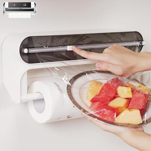 Quasziwa Distributeur Papier Aluminium et Film avec Port Essuie Tout - Support Sopalin Mural 2-en-1, Derouleur Film Alimentaire Magnétique avec Coupeur pour Cuisine Organisée - Inclut 50m Film, Noir