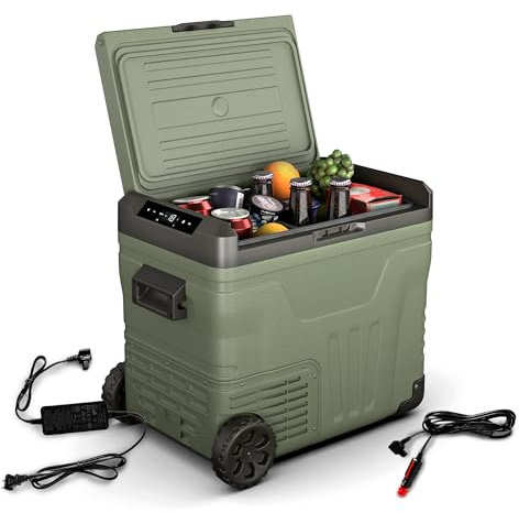 KLARSTEIN PolarForce 50L - Frigo Elettrico Portatile con Compressore, Pannello LCD, da -20°C a 20°C, modalità Eco, Ruote Fuoristrada, Impugnature Doppie, Verde, per Campeggio & Viaggi, Freezer